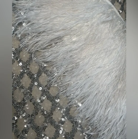Strappples feather mesh skirt set ...top white feathers , skirt silver sequins. - Picture 4 of 7